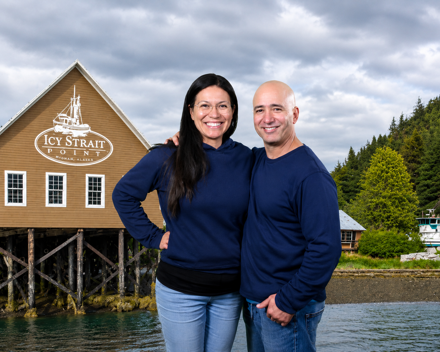Couple standing in front of the historic Icy Strait Point building in Alaska.